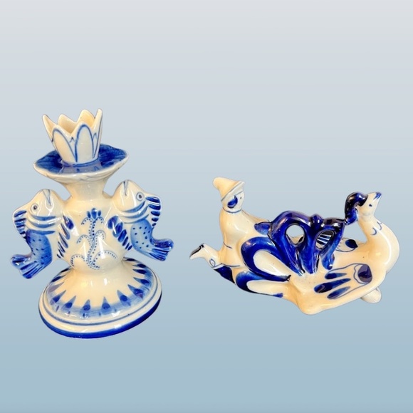 Gzhel Other - USSR Porcelain Candle Stick Holder & Boy Figurine